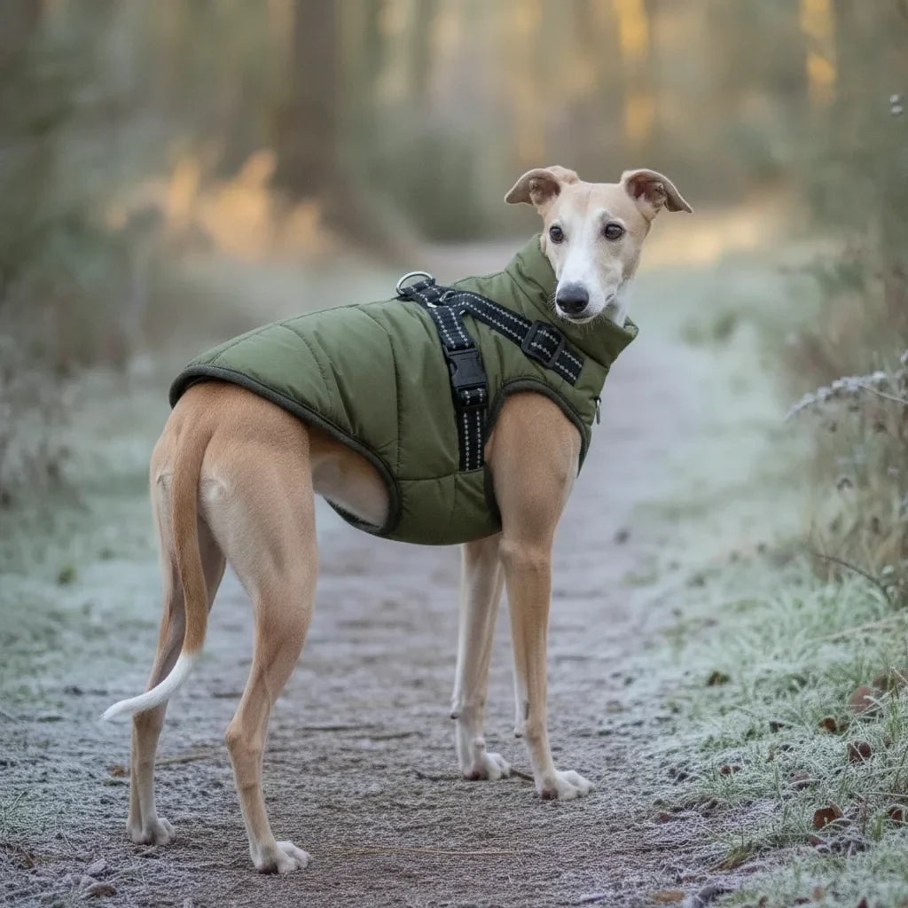 Chien Whippet vu de dos portant un manteau d'hiver vert kaki avec harnais integre