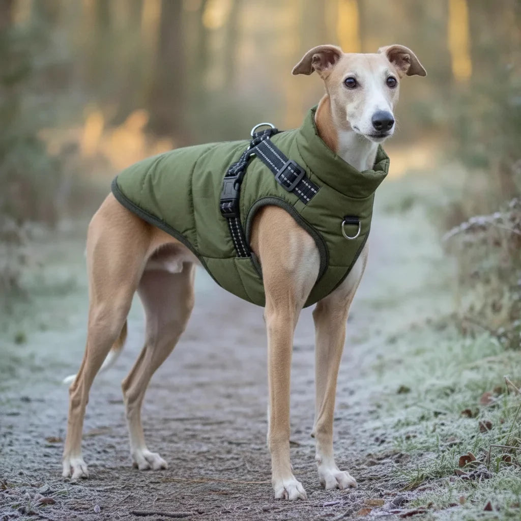 Chien Whippet portant un manteau d'hiver vert kaki avec harnais integre, en promenade sur un chemin givre