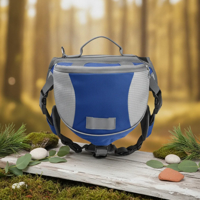 Sac de bat de randonnee pour chien bleu et gris, vue de face