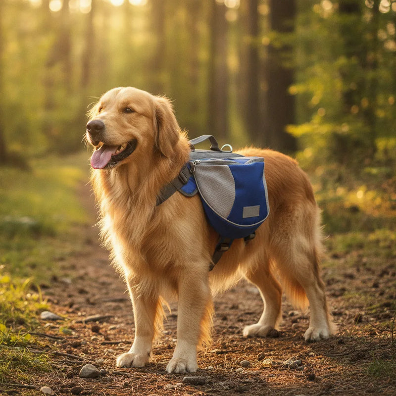Chien Golden Retriever portant un sac de bat de randonnee bleu en foret
