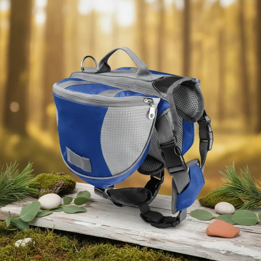 Sac de bat de randonnee pour chien bleu et gris, vue de profil