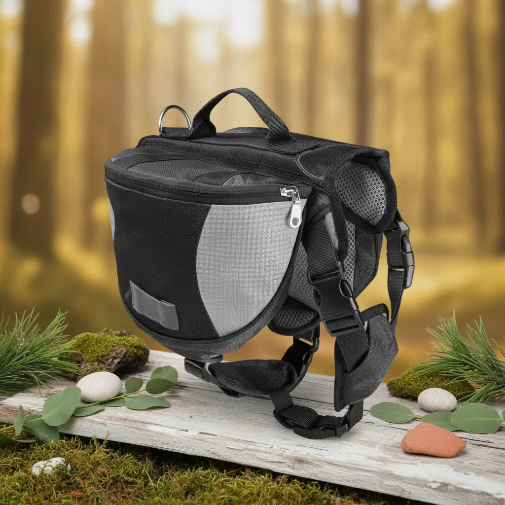 Sac de bat de randonnee pour chien noir et gris, vue de face