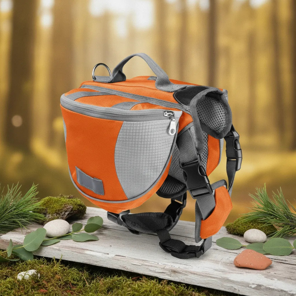 Sac de bat de randonnee pour chien orange et gris, vue de face