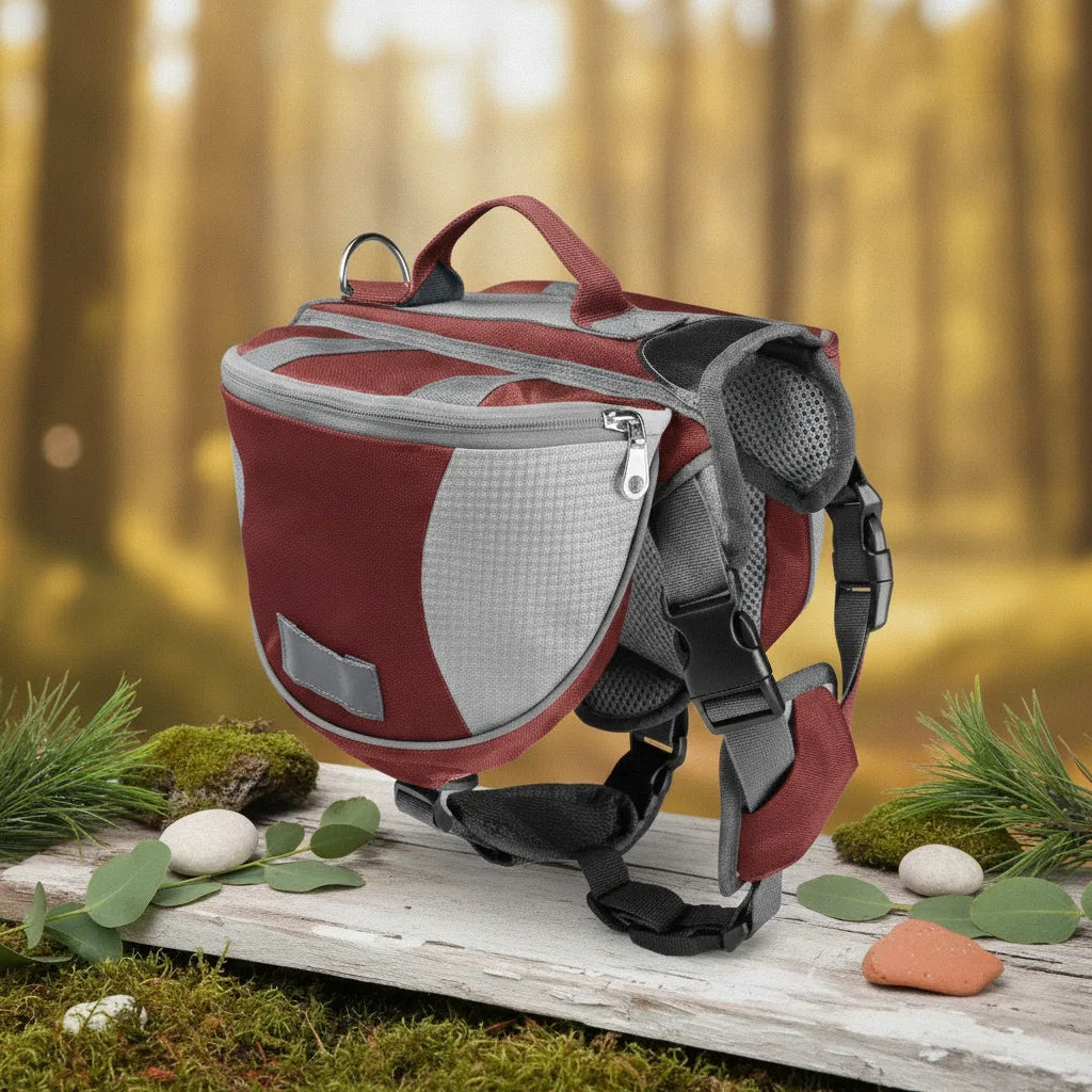 Sac de bat de randonnee pour chien rouge bordeaux et gris, vue de face