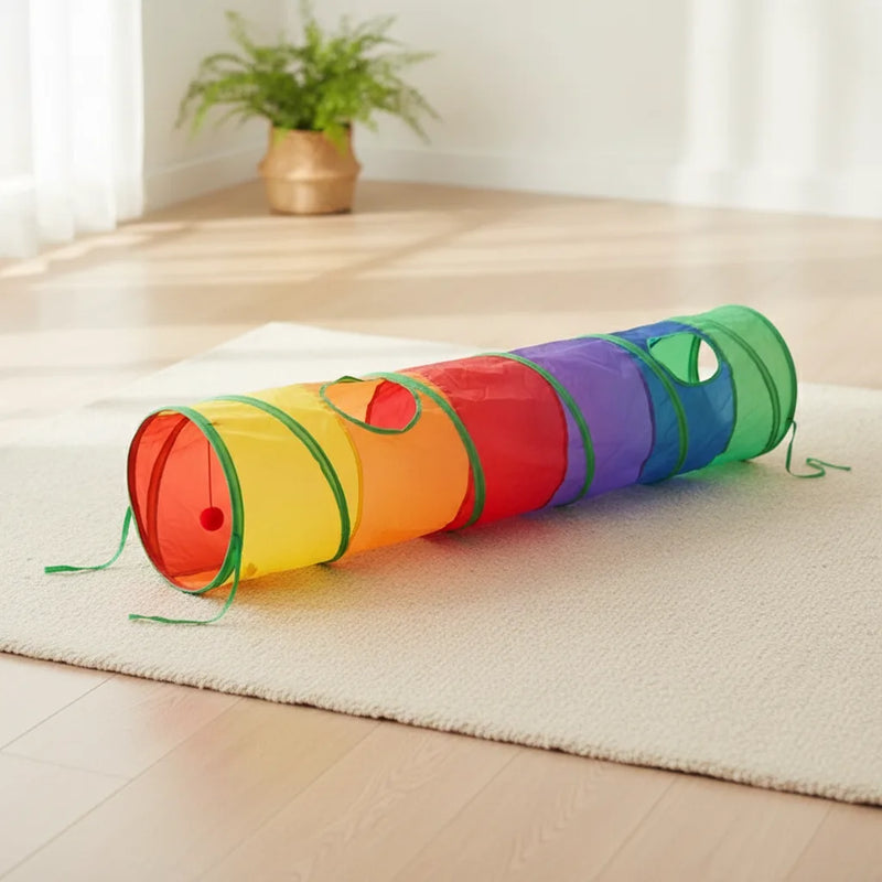 Tunnel droit pour chat, motif arc-en-ciel multicolore avec fenetre d'aeration