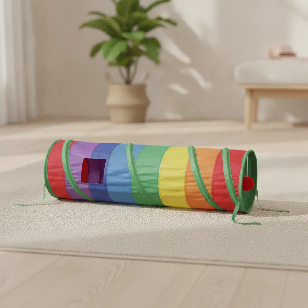 Tunnel droit court pour chat, 50 cm, motif arc-en-ciel multicolore