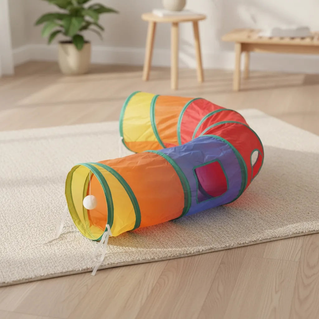 Tunnel pliable pour chat en forme de S, motif arc-en-ciel multicolore avec balle suspendue