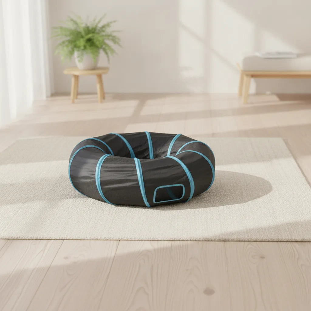 Tunnel pliable pour chat noir replie a plat en forme d'anneau