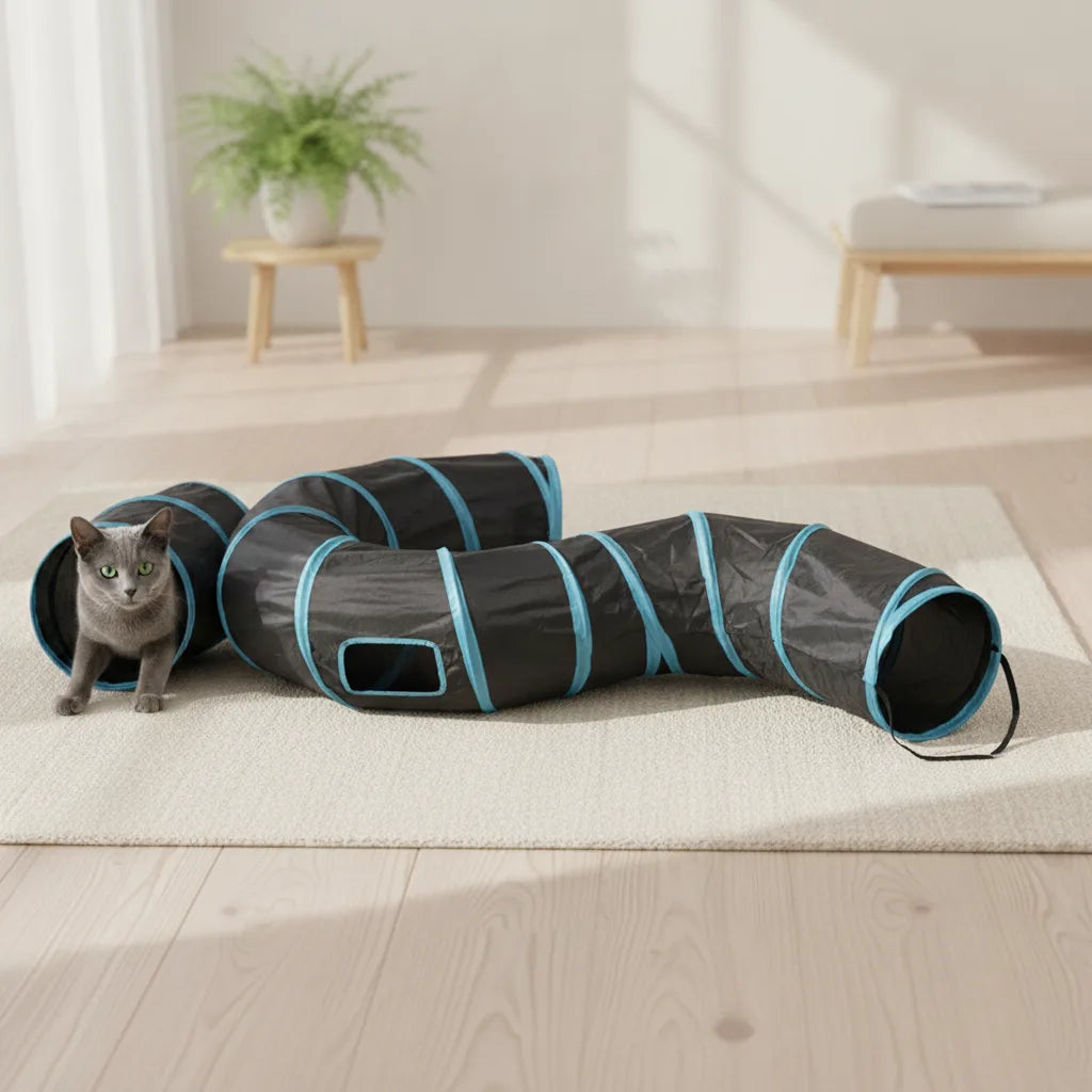 Chat gris sortant la tete d'un tunnel pliable noir en forme de S