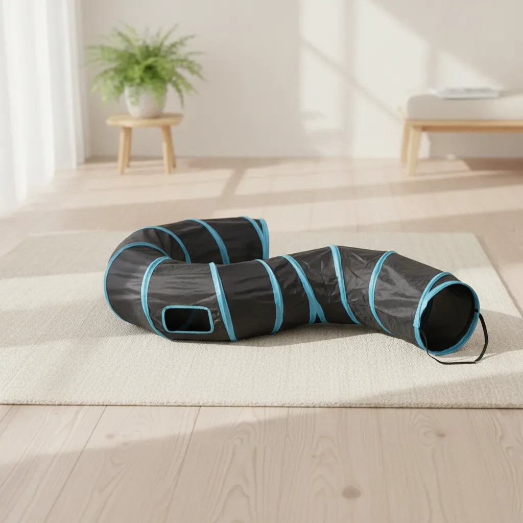 Tunnel pliable pour chat en forme de S, coloris noir et bleu, avec fenetre d'aeration