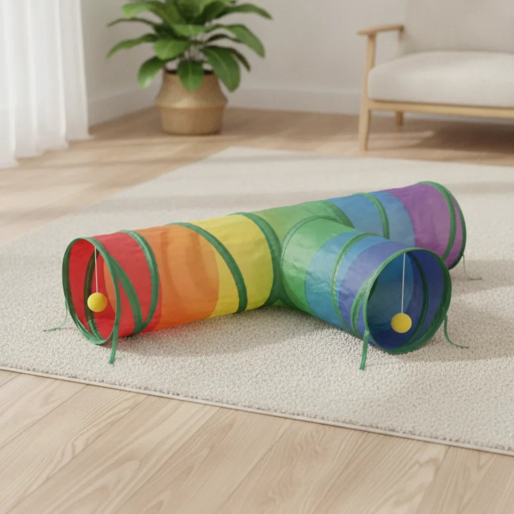 Tunnel pliable pour chat en forme de T a trois sorties, motif arc-en-ciel multicolore