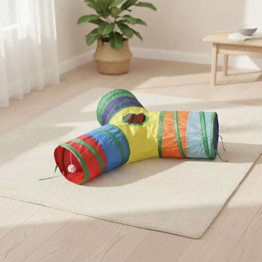 Tunnel pliable pour chat en forme de Y a trois sorties, motif arc-en-ciel multicolore avec balle suspendue